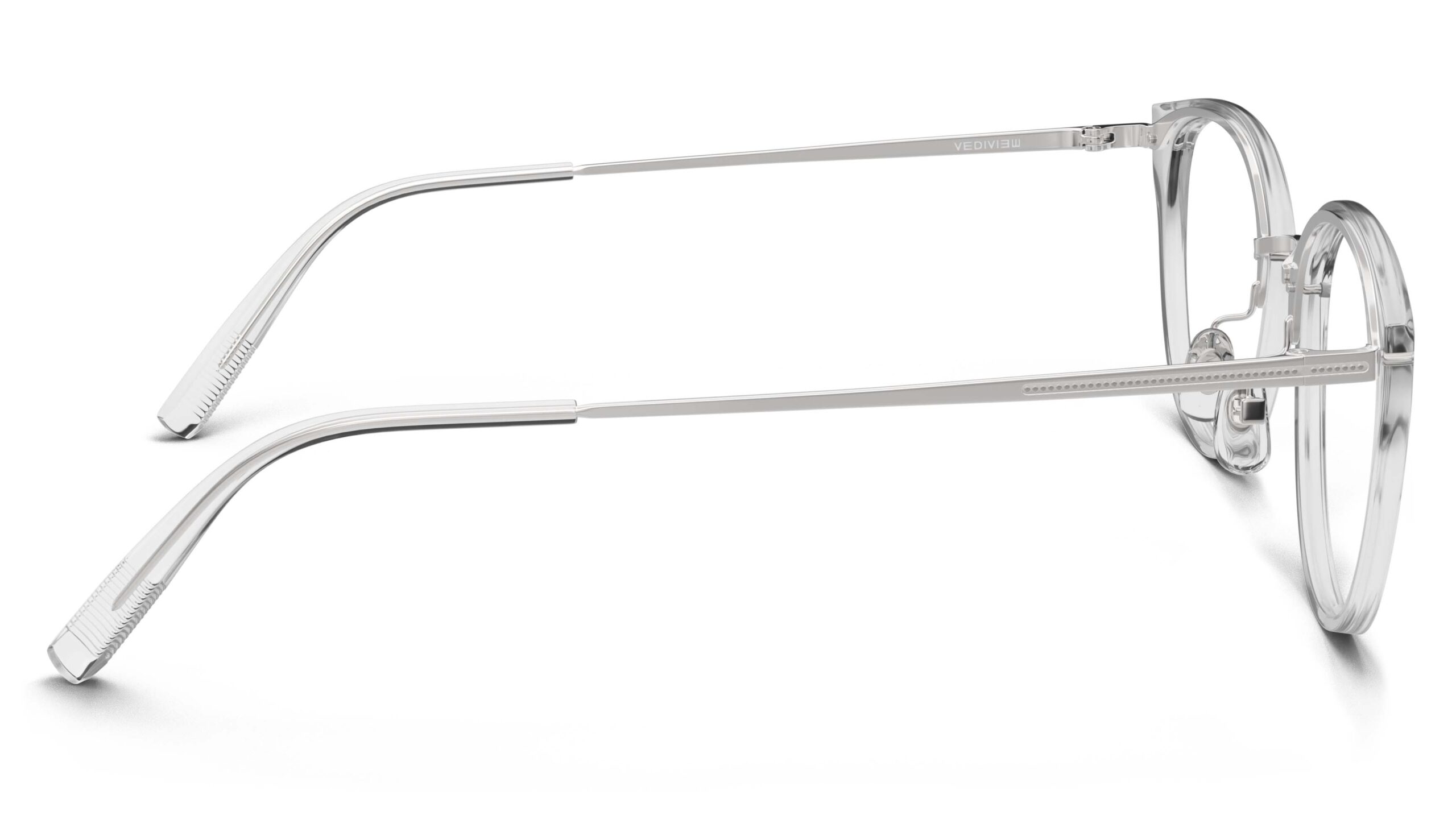 Side view of Angelou clear silver cat eye eyeglasses from Vediview