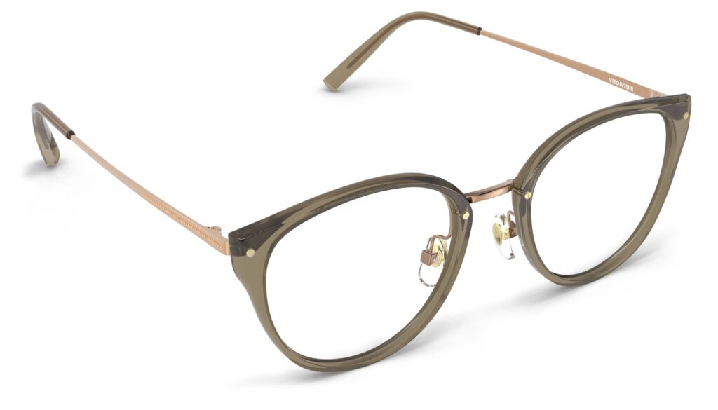 Angled view of Angelou green gold cat eye eyeglasses from Vediview