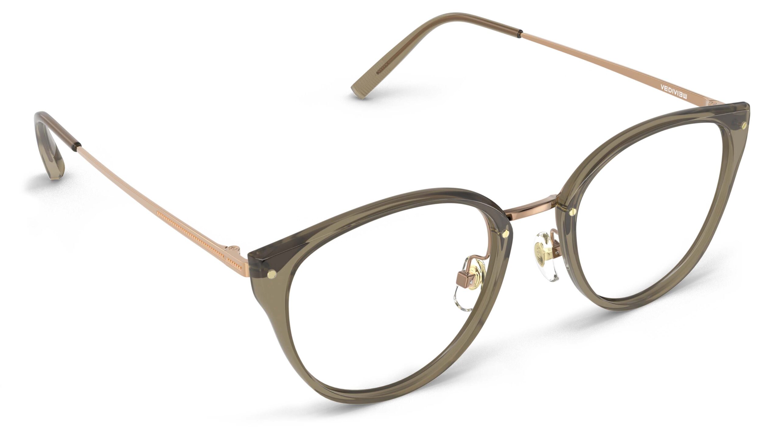 Angled view of Angelou green gold cat eye eyeglasses from Vediview
