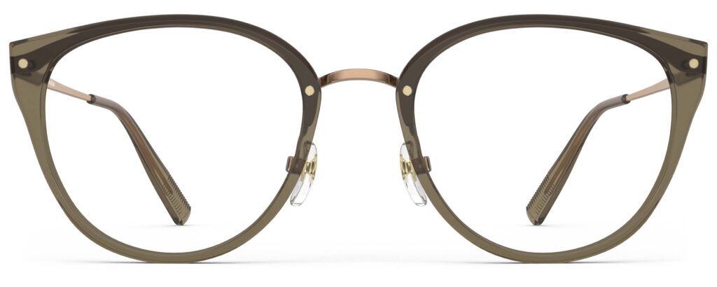 Front view of Angelou green gold cat eye eyeglasses from Vediview