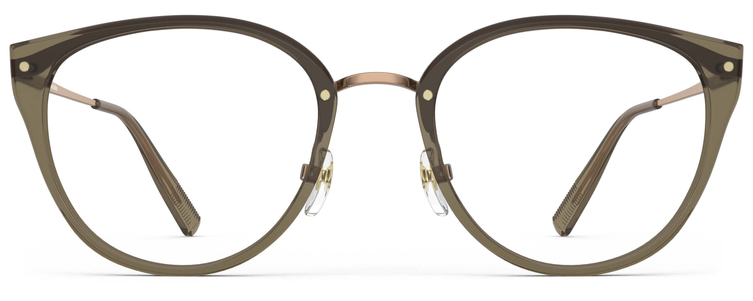 Front view of Angelou green gold cat eye eyeglasses from Vediview
