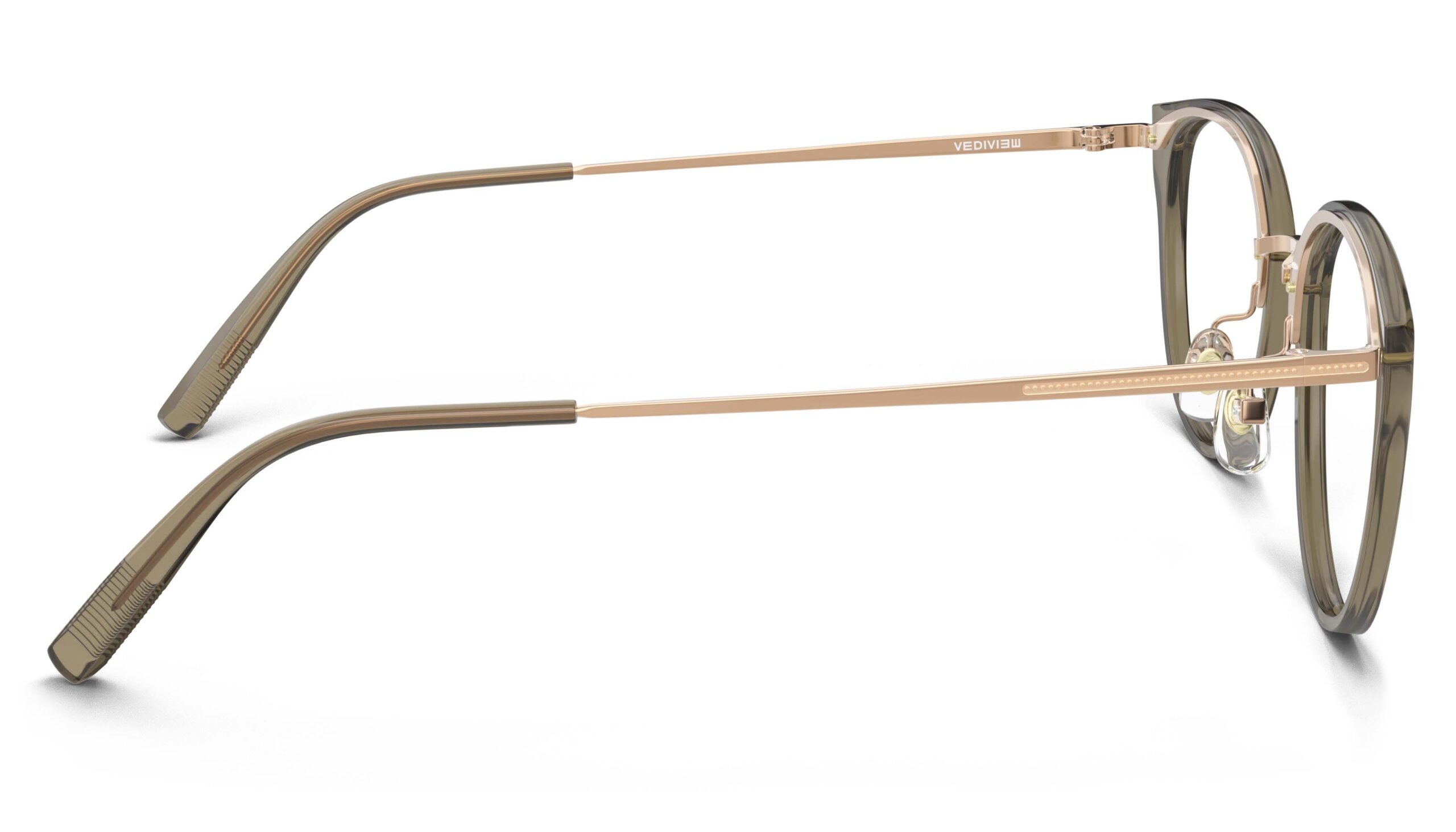Side view of Angelou green gold cat eye eyeglasses from Vediview