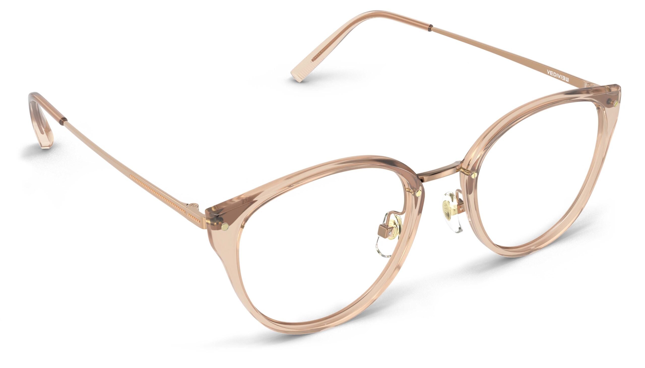 Angled view of Angelou pink gold cat eye eyeglasses from Vediview
