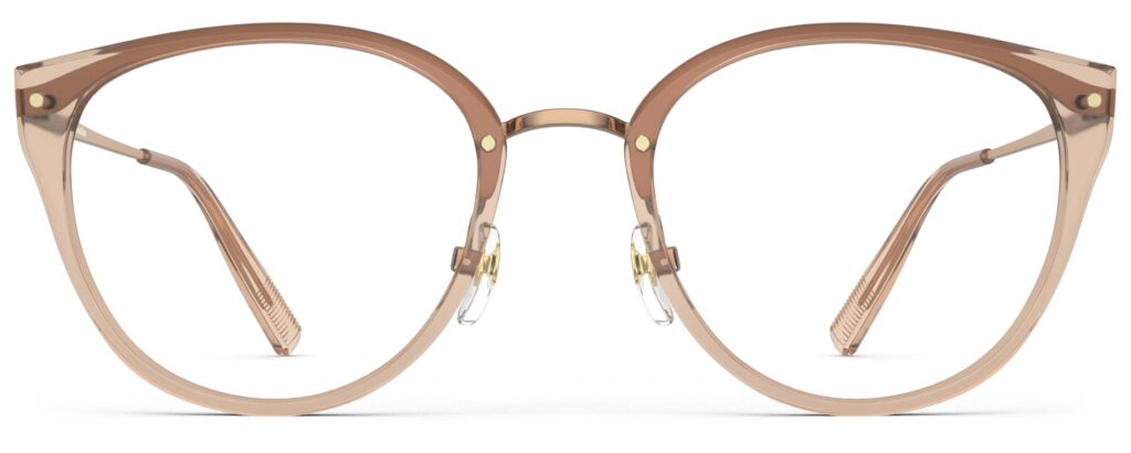 Front view of Angelou pink gold cat eye eyeglasses from Vediview