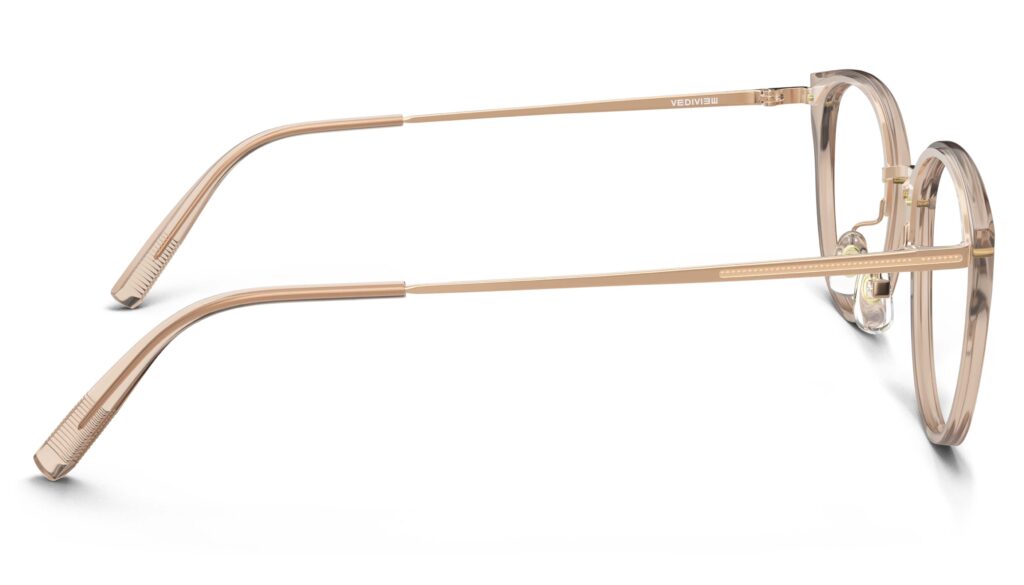 Side view of Angelou pink gold cat eye eyeglasses from Vediview