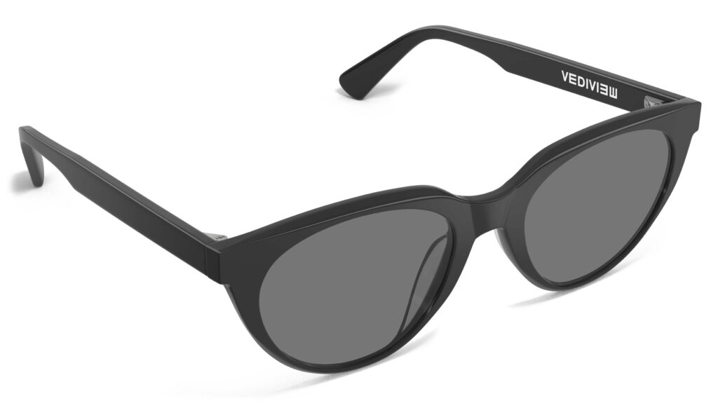 Angled view of Callas black cat eye sunglasses with grey lenses from Vediview