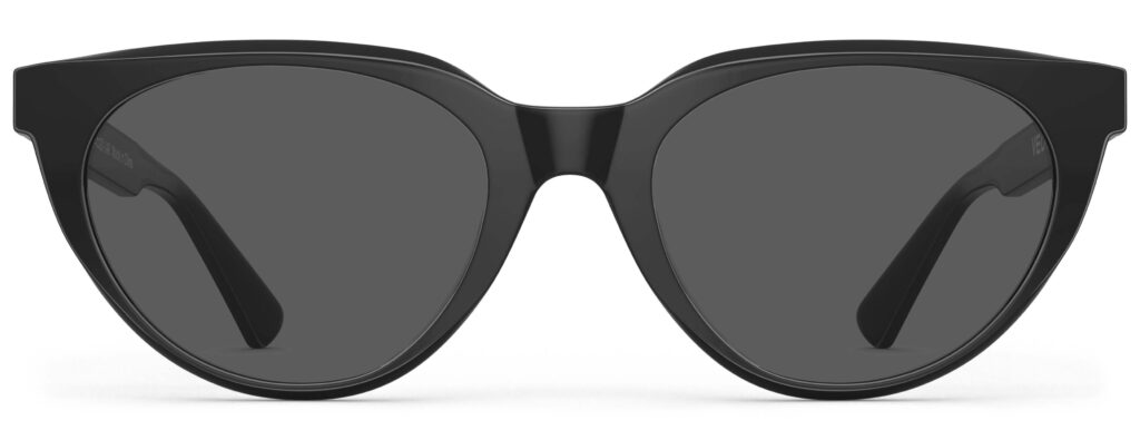 Front view of Callas black cat eye sunglasses with grey lenses from Vediview