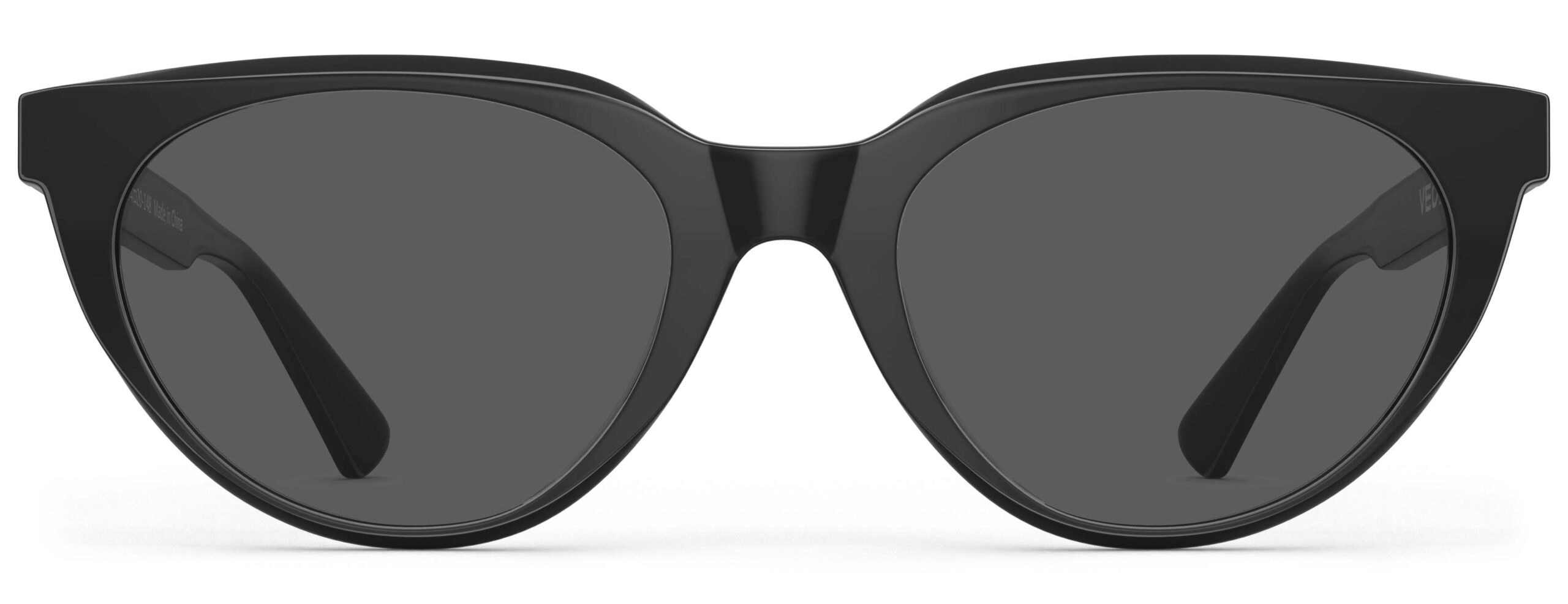Front view of Callas black cat eye sunglasses with grey lenses from Vediview