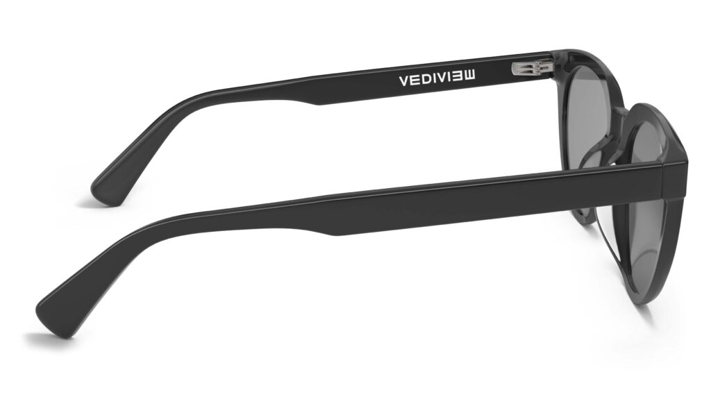 Side view of Callas black cat eye sunglasses with grey lenses from Vediview