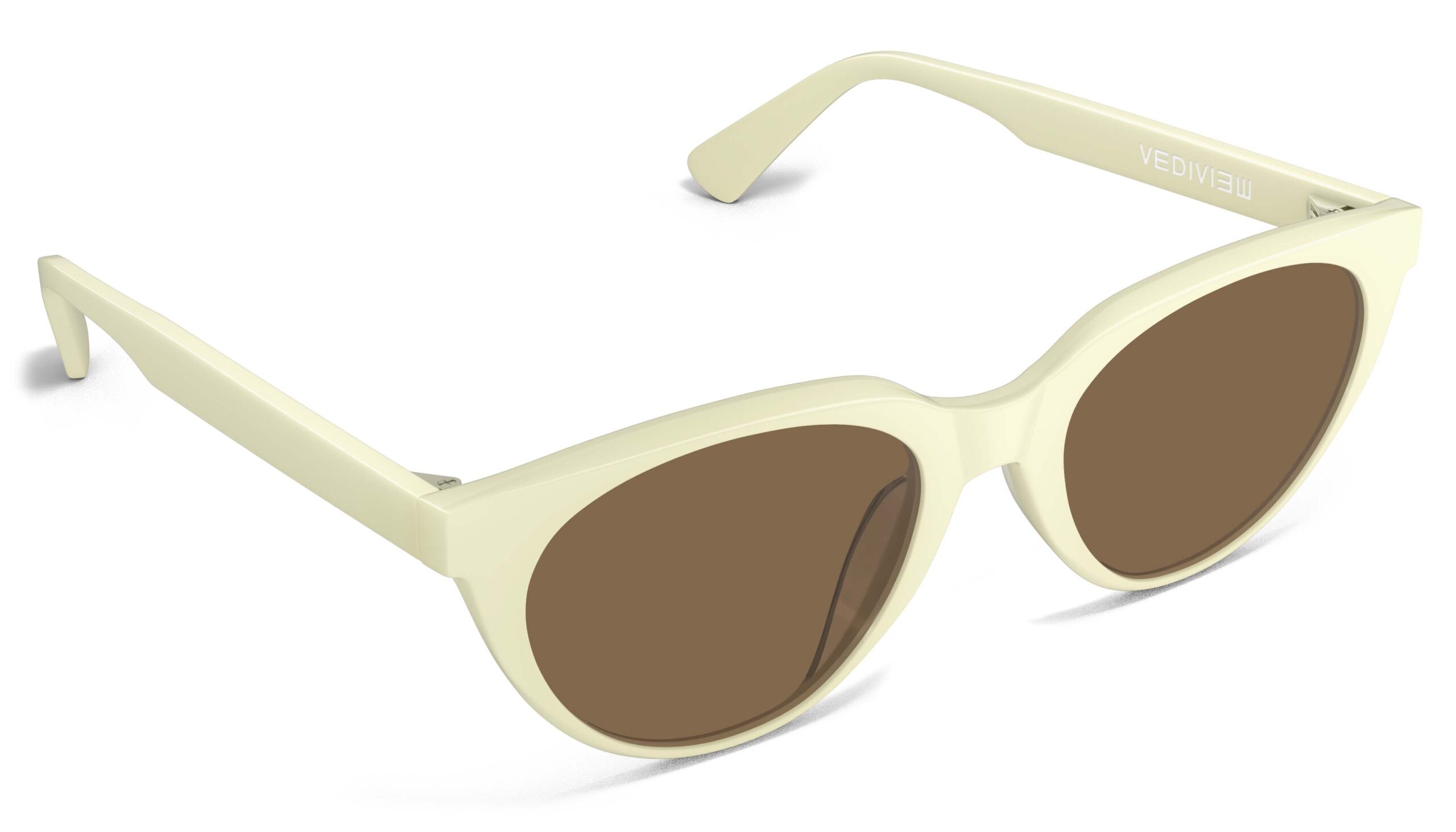 Angled view of Callas cream cat eye sunglasses with brown lenses from Vediview