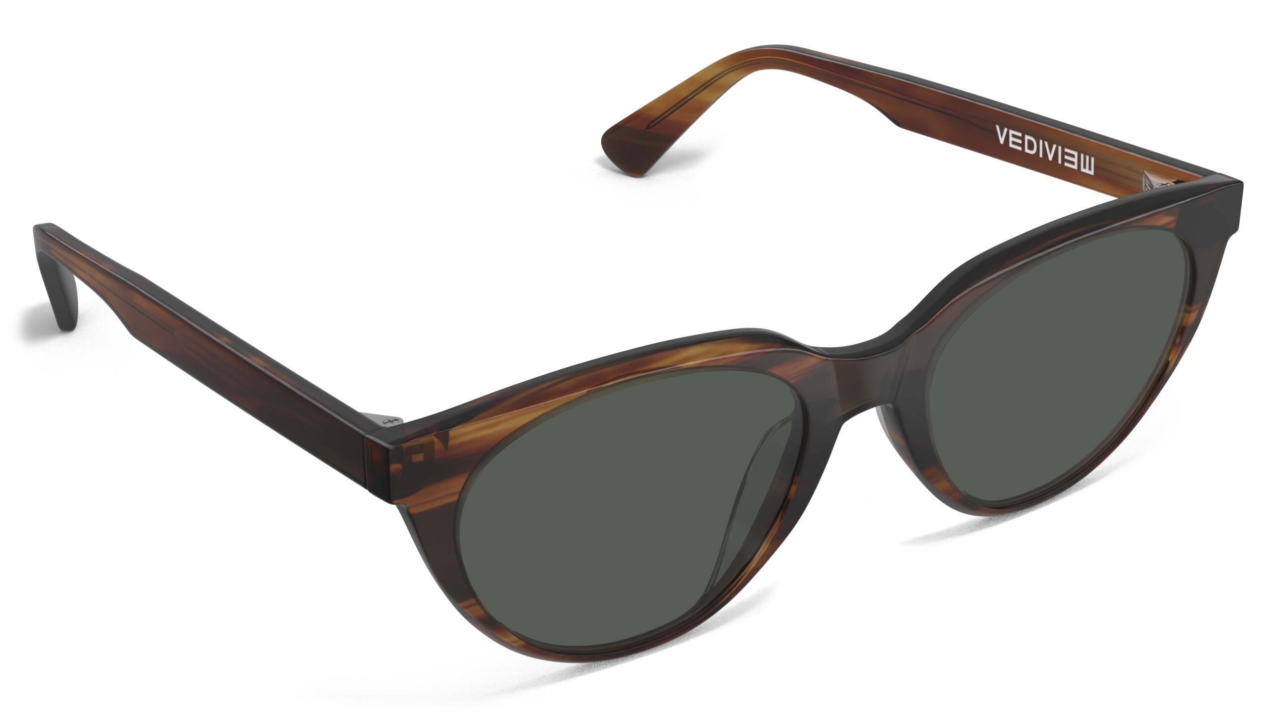 Angled view of Callas tortoise cat eye sunglasses with green lenses from Vediview