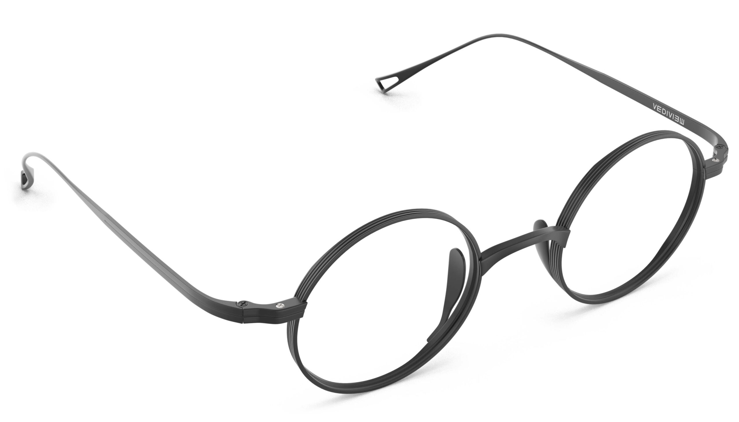 Angled view of Chaplin black round eyeglasses from Vediview