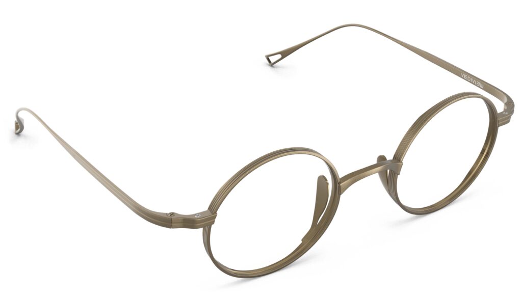 Angled view of Chaplin bronze round eyeglasses from Vediview