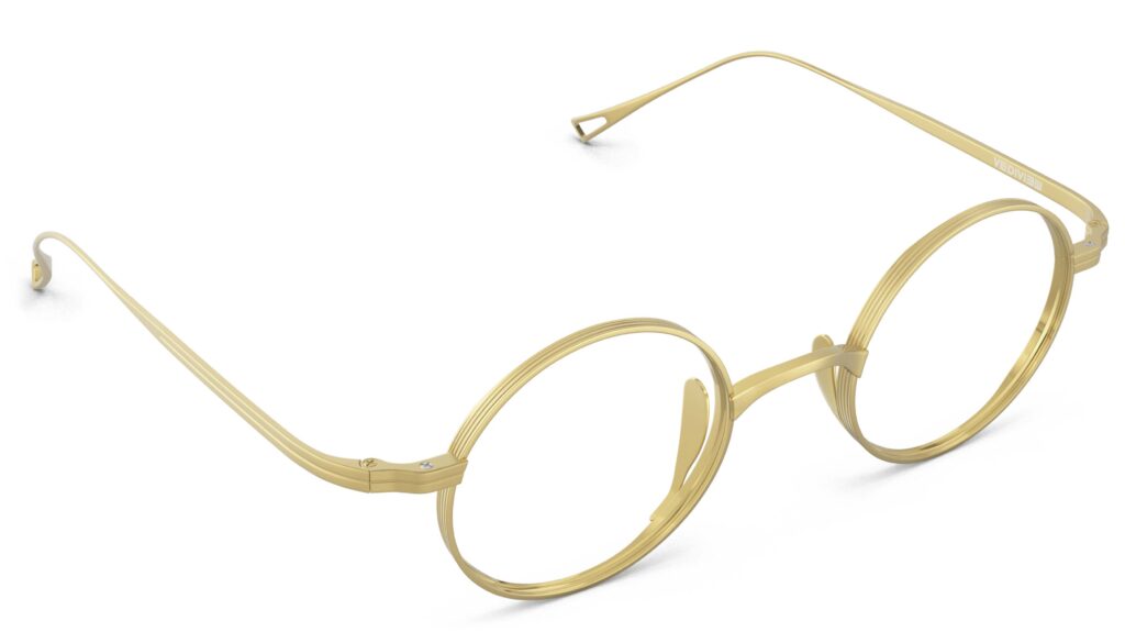 Angled view of Chaplin gold round eyeglasses from Vediview