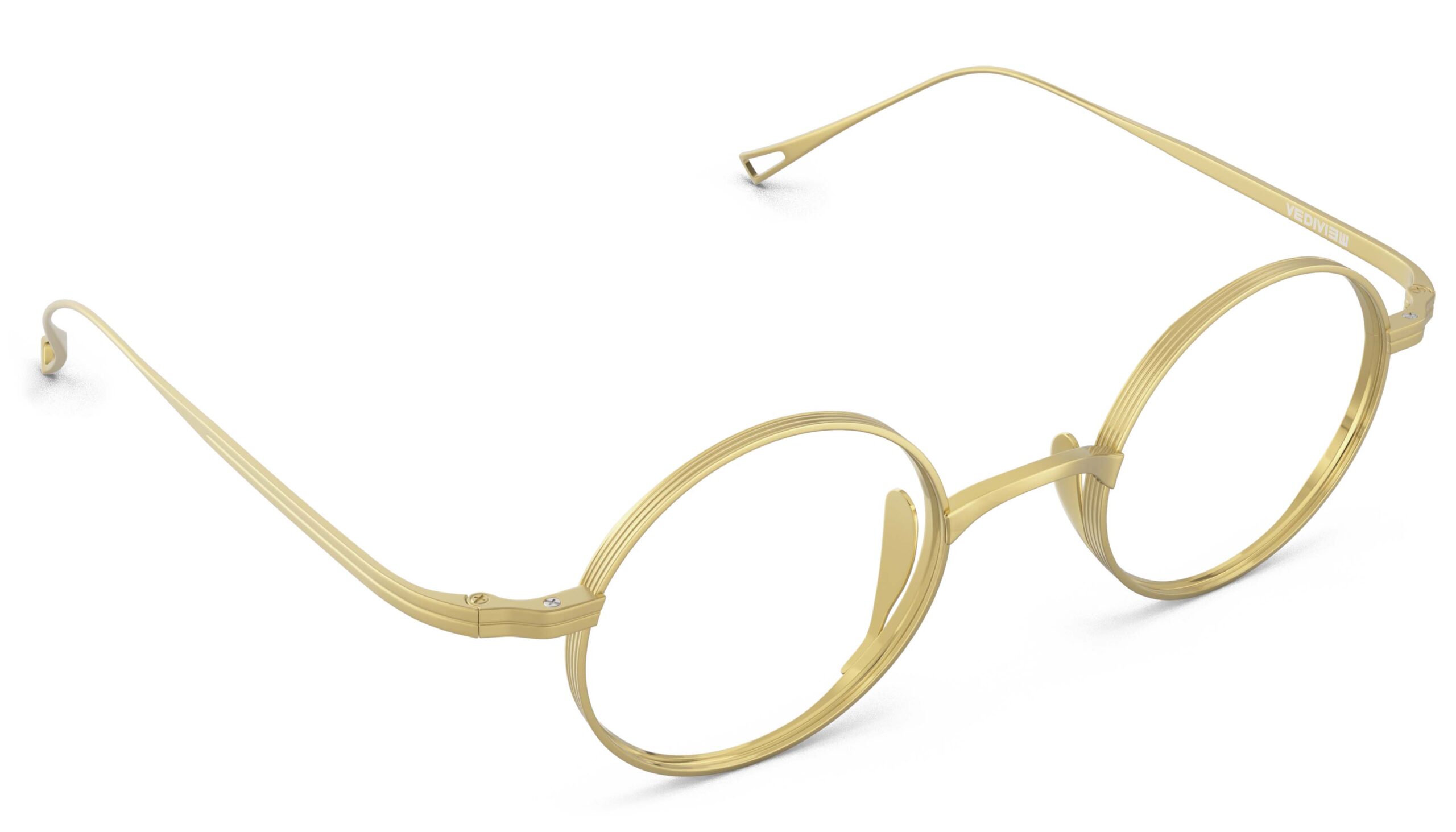 Angled view of Chaplin gold round eyeglasses from Vediview