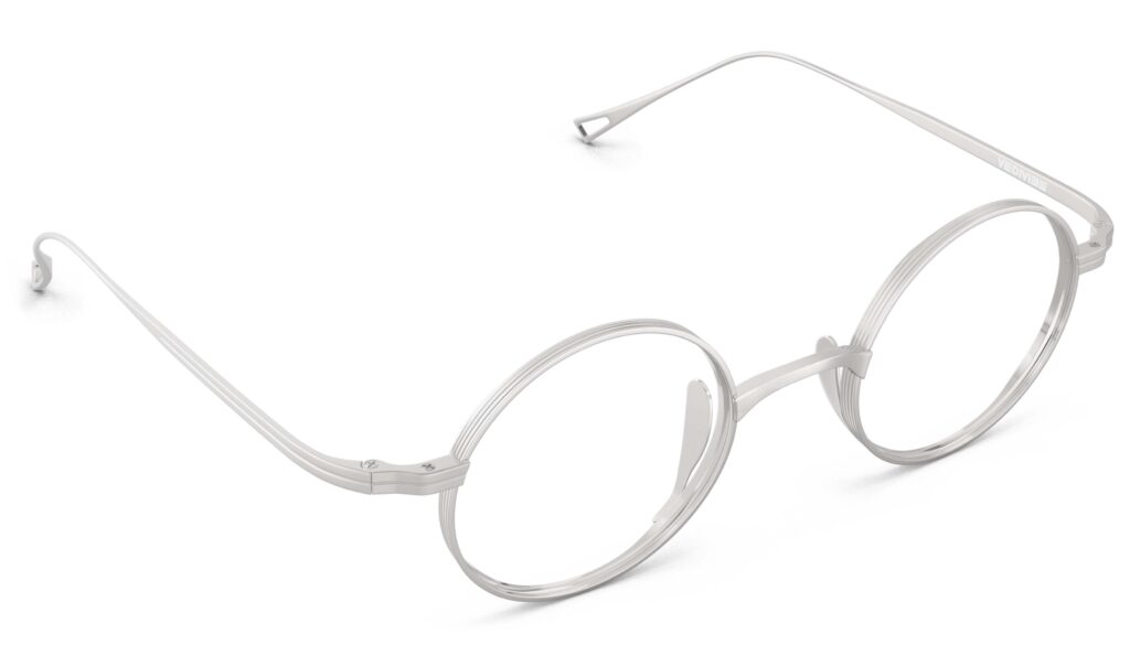 Angled view of Chaplin silver round eyeglasses from Vediview