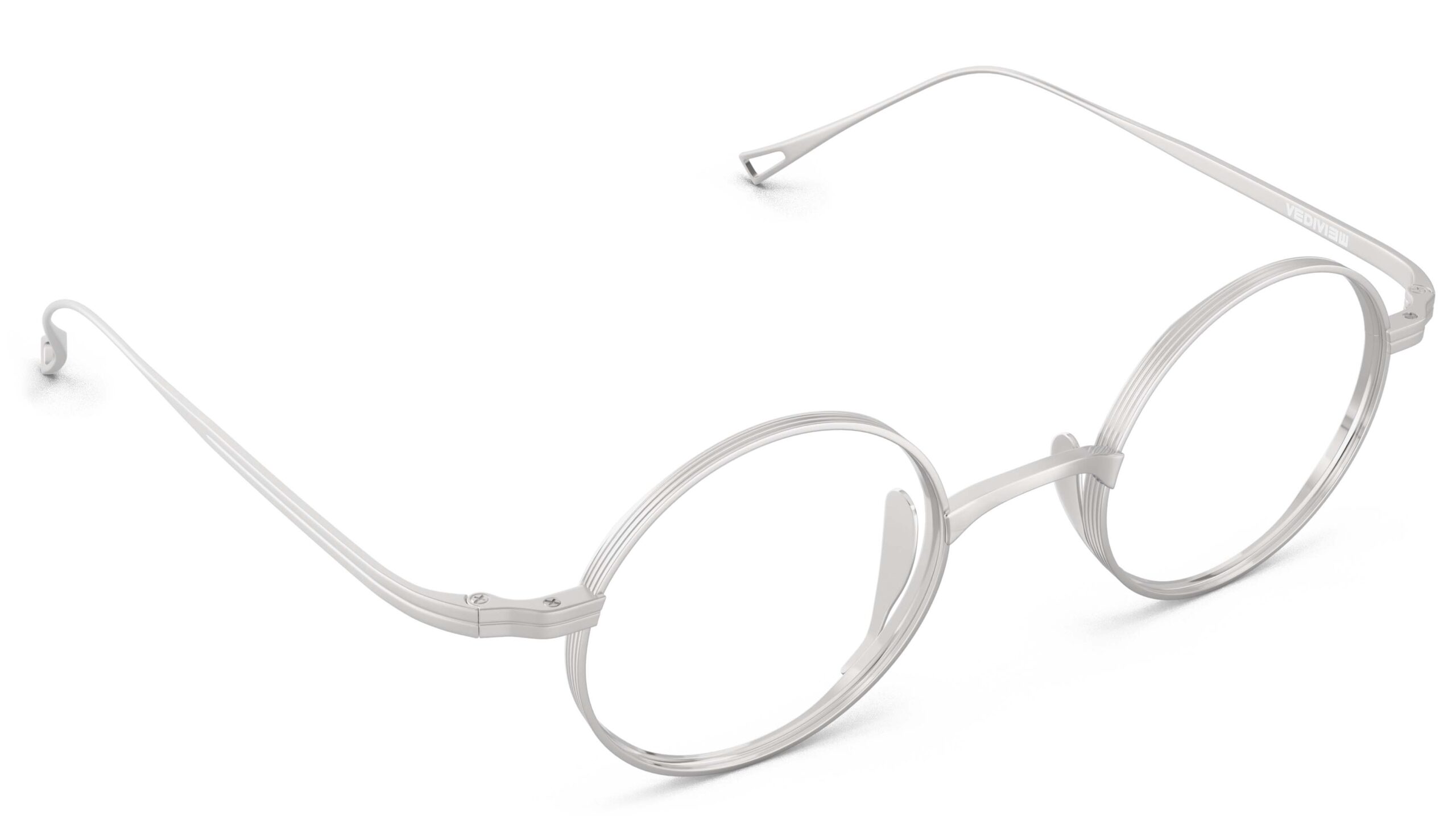 Angled view of Chaplin silver round eyeglasses from Vediview