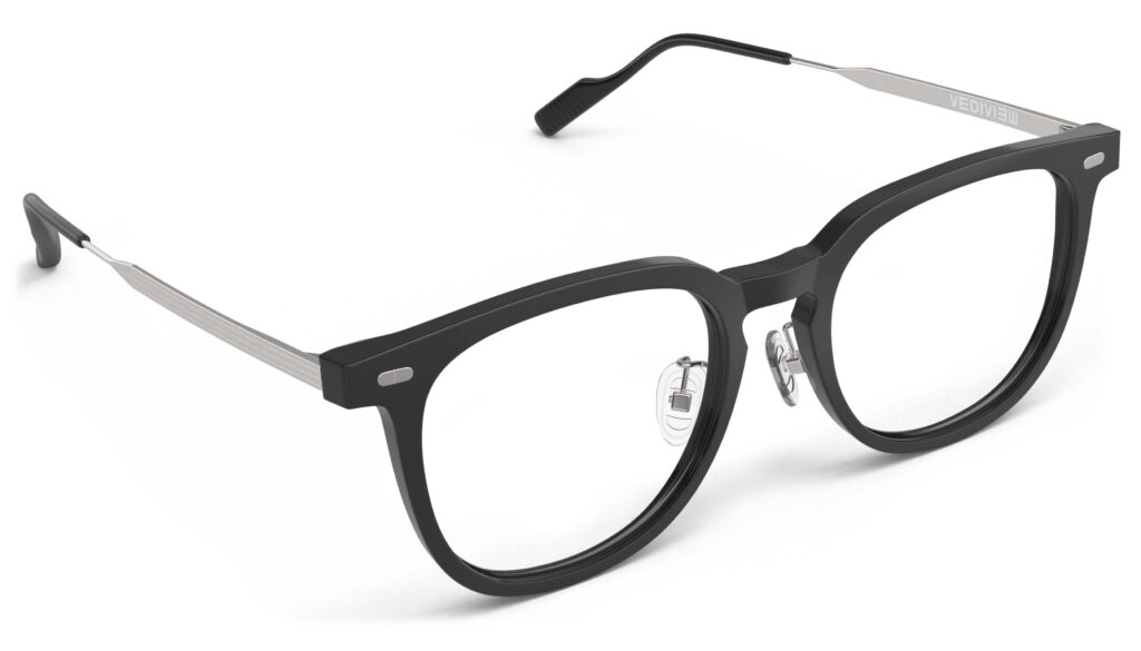 Angled view of Merce black silver cat eye eyeglasses from Vediview