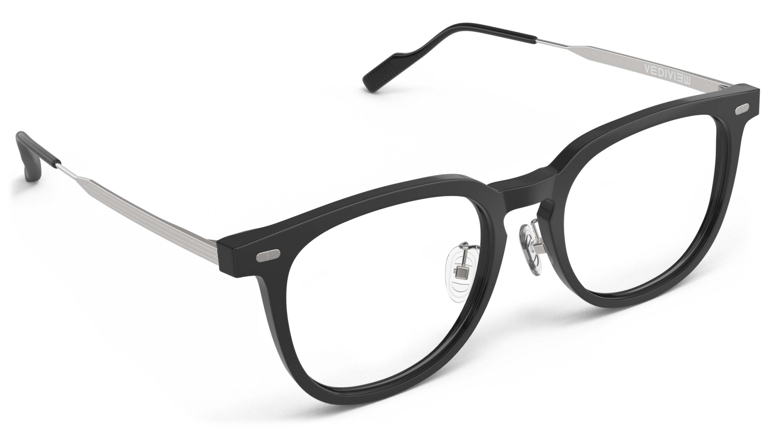 Angled view of Merce black silver cat eye eyeglasses from Vediview