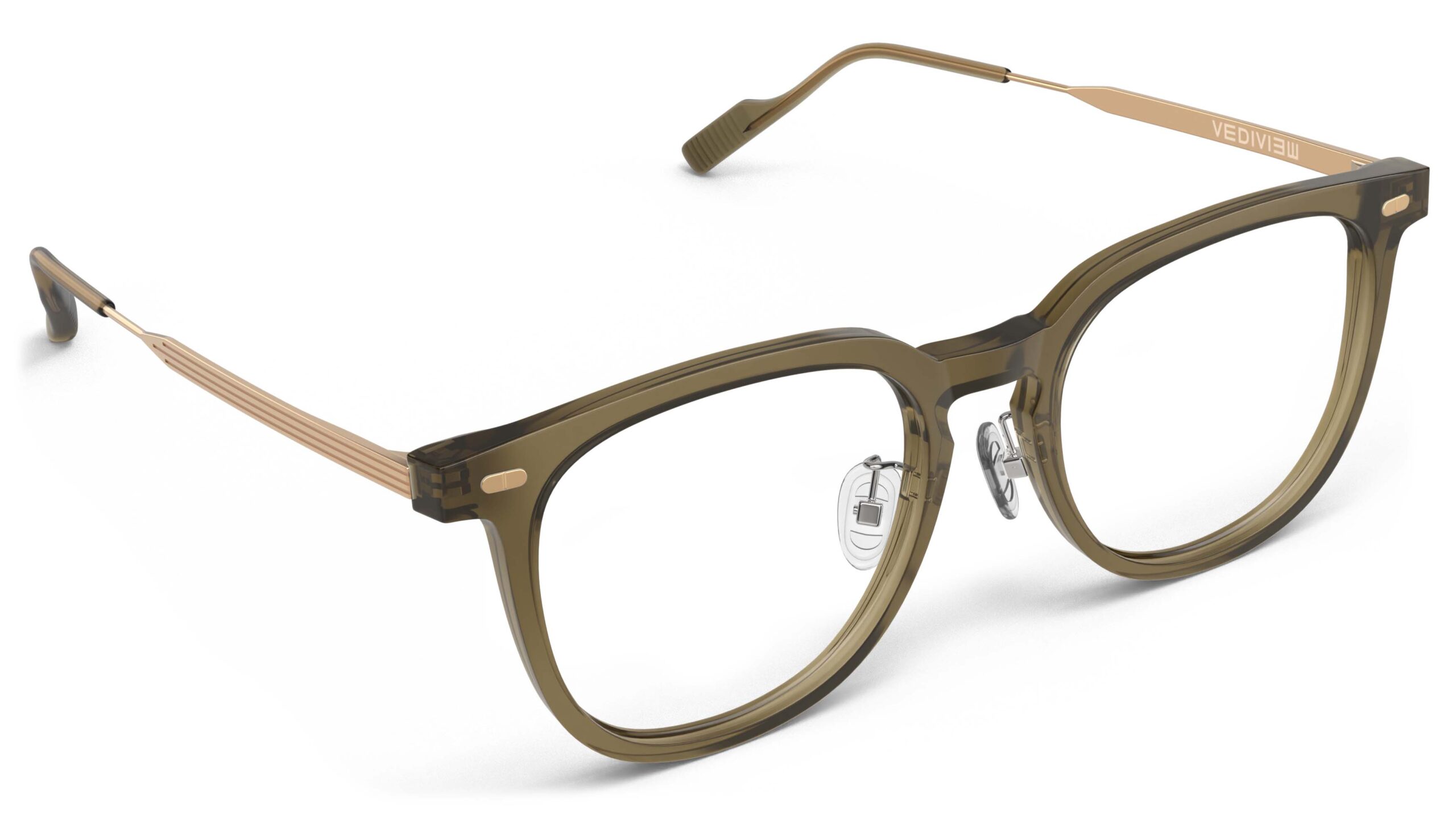 Angled view of Merce brown gold cat eye eyeglasses from Vediview