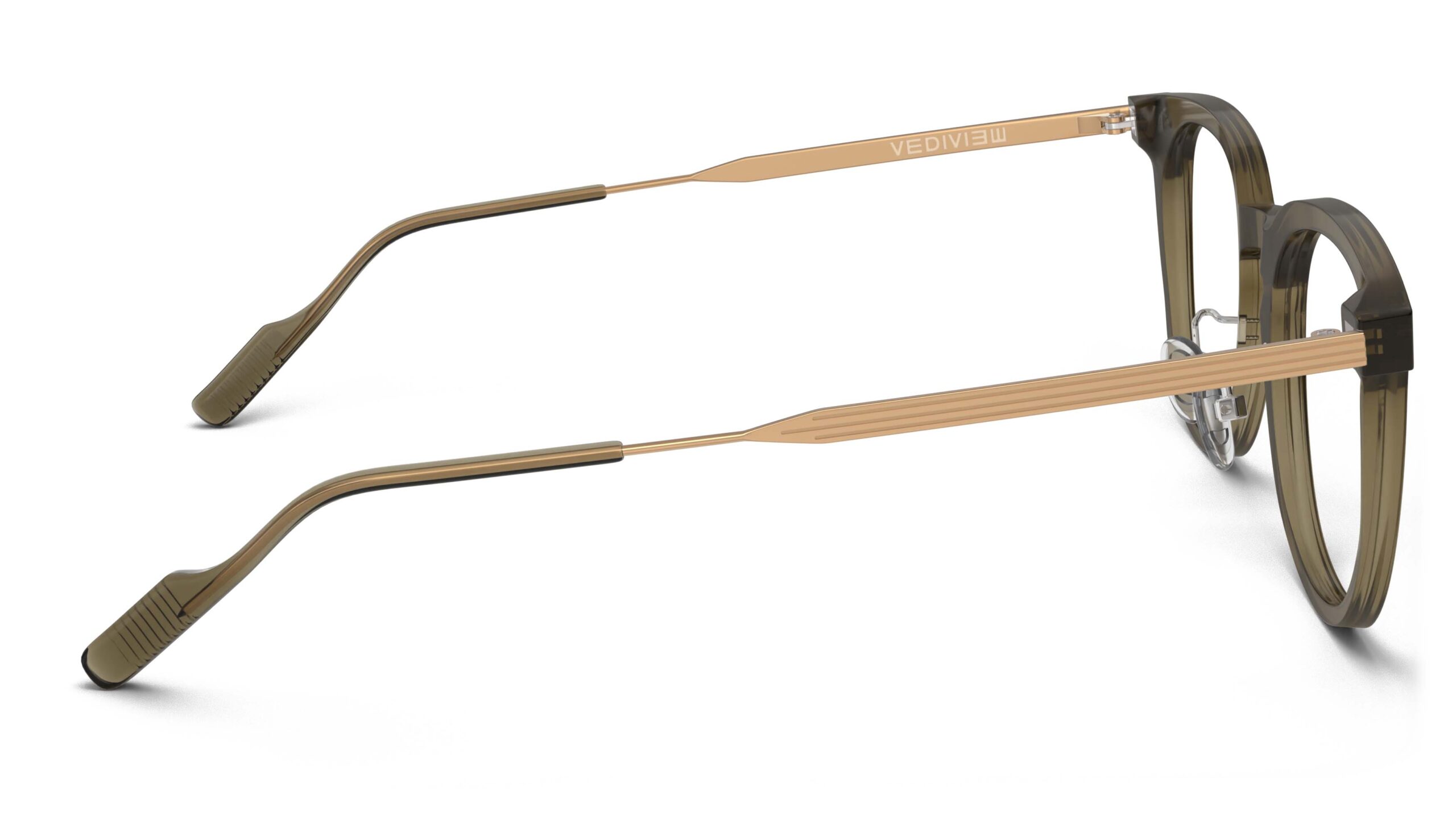 Side view of Merce brown gold cat eye eyeglasses from Vediview
