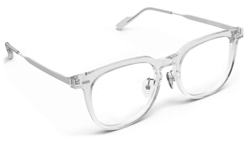 Angled view of Merce clear silver cat eye eyeglasses from Vediview