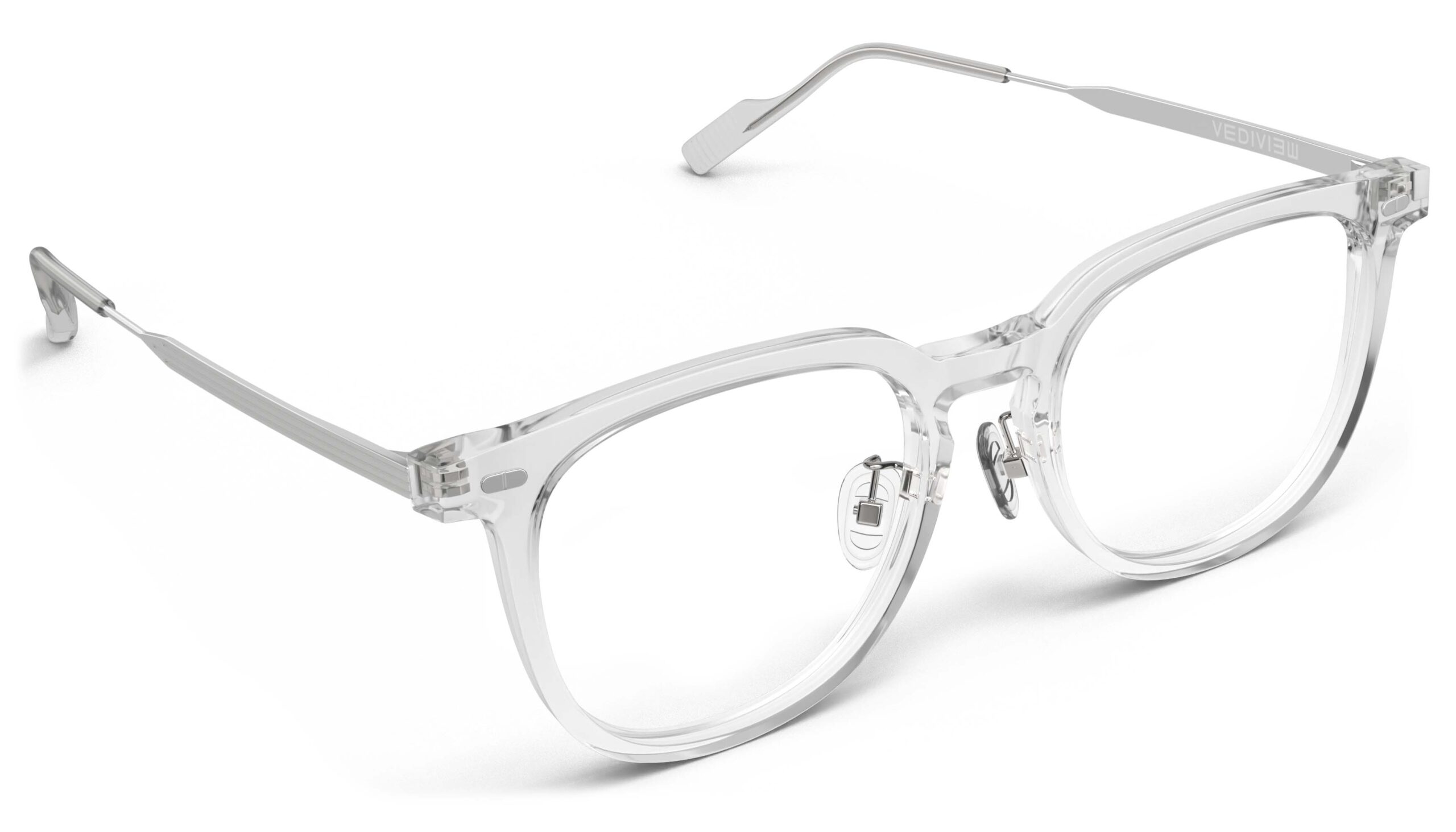 Angled view of Merce clear silver cat eye eyeglasses from Vediview