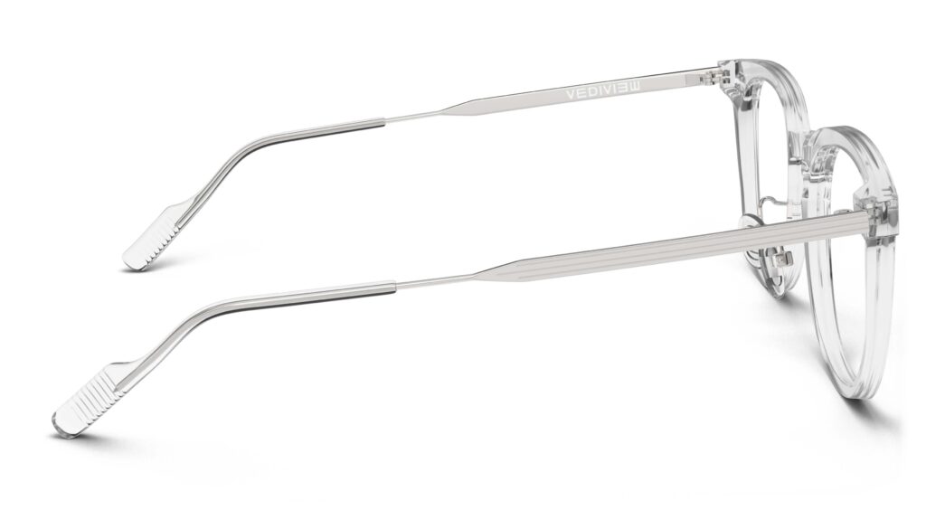 Side view of Merce clear silver cat eye eyeglasses from Vediview