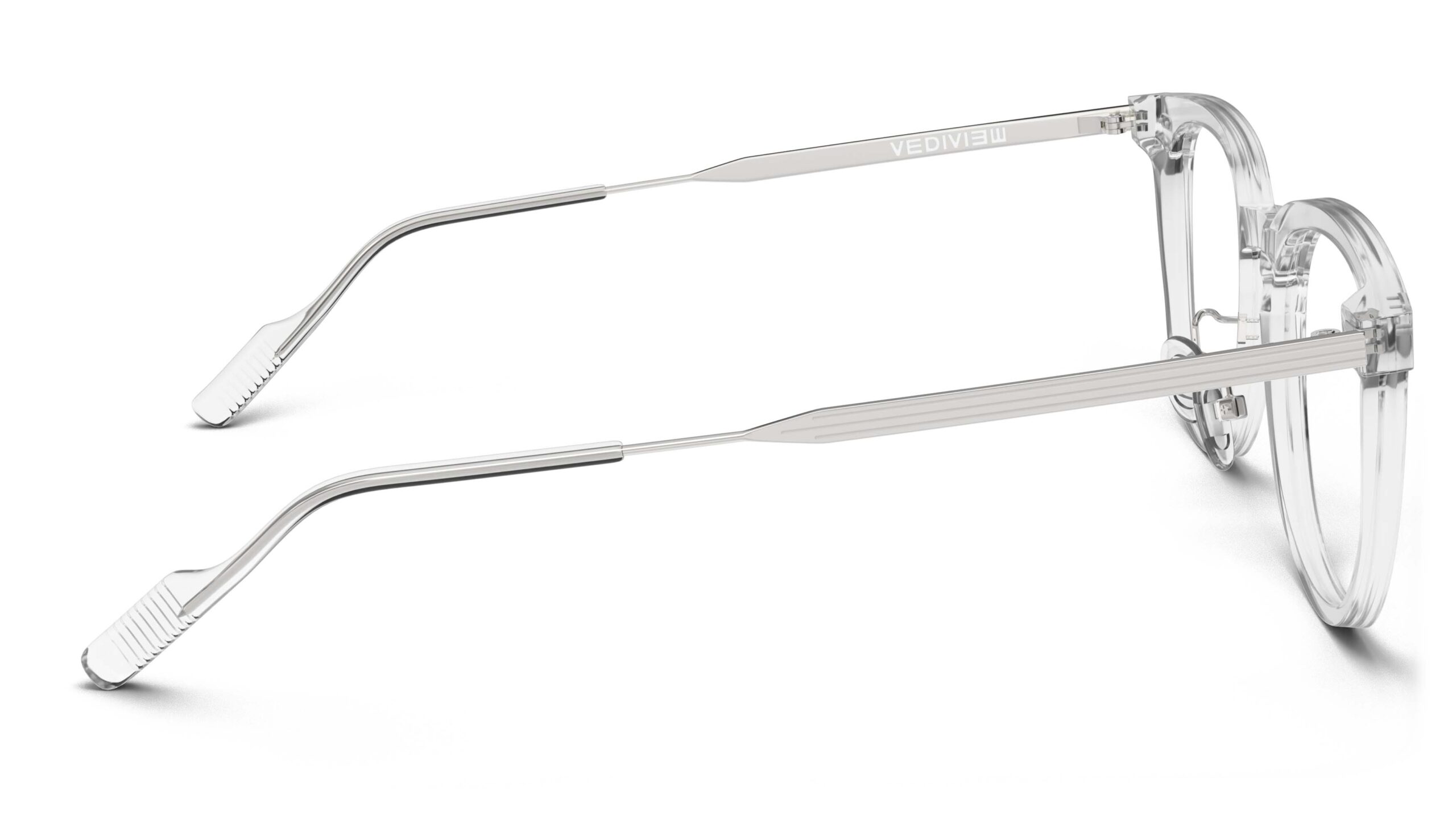 Side view of Merce clear silver cat eye eyeglasses from Vediview