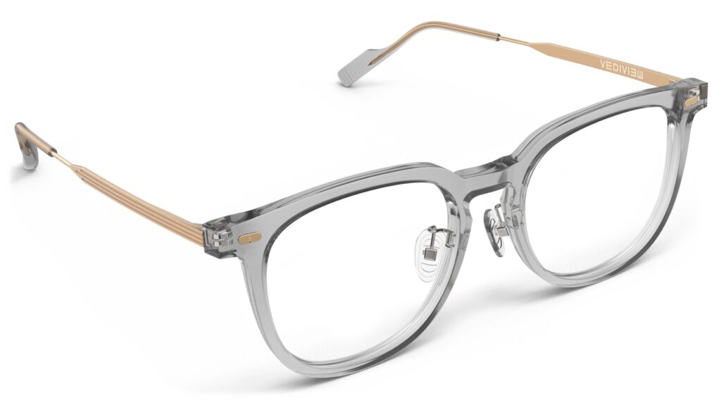 Angled view of Merce grey gold cat eye eyeglasses from Vediview