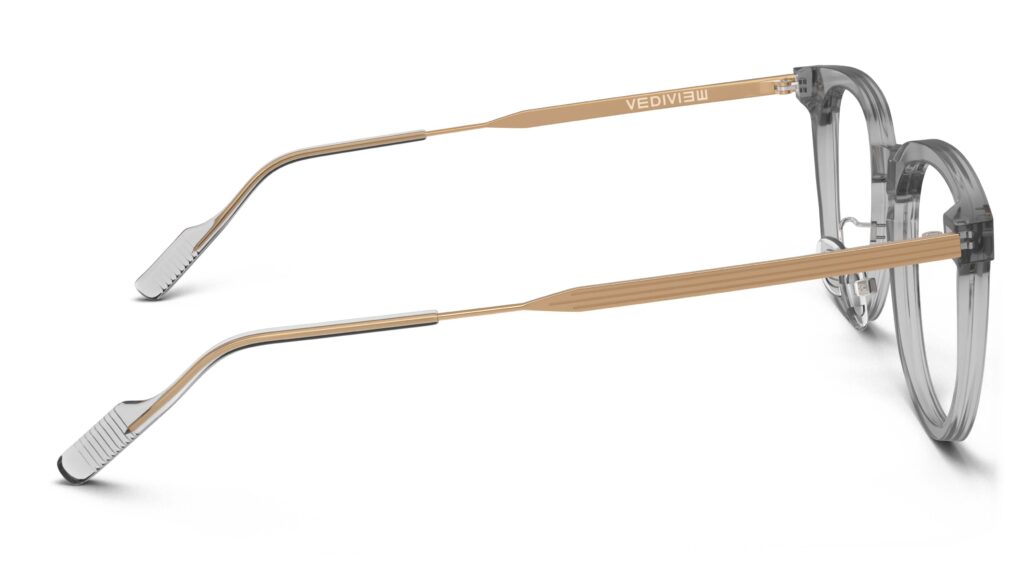 Side view of Merce grey gold cat eye eyeglasses from Vediview
