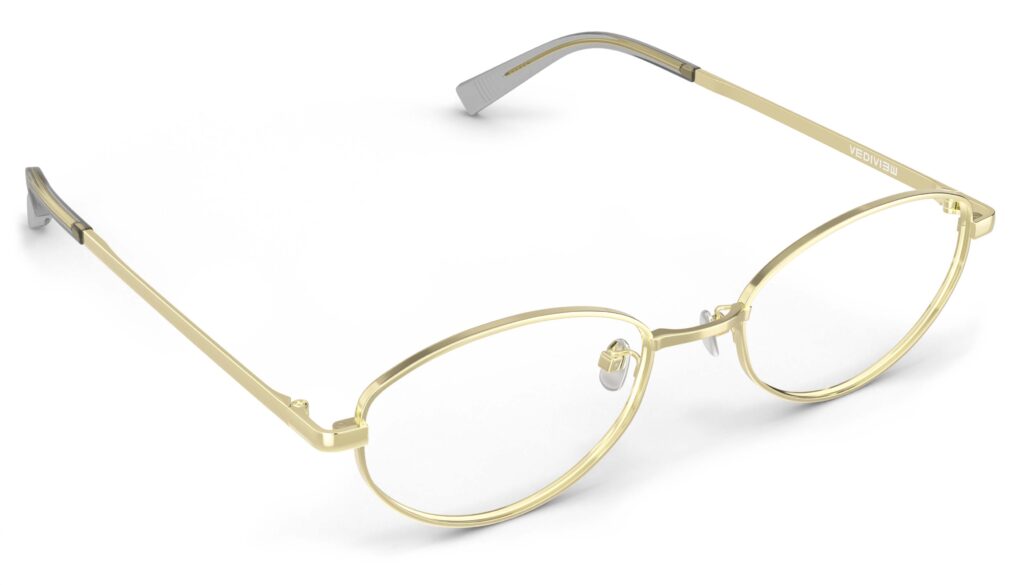 Angled view of Proulx gold oval eyeglasses from Vediview