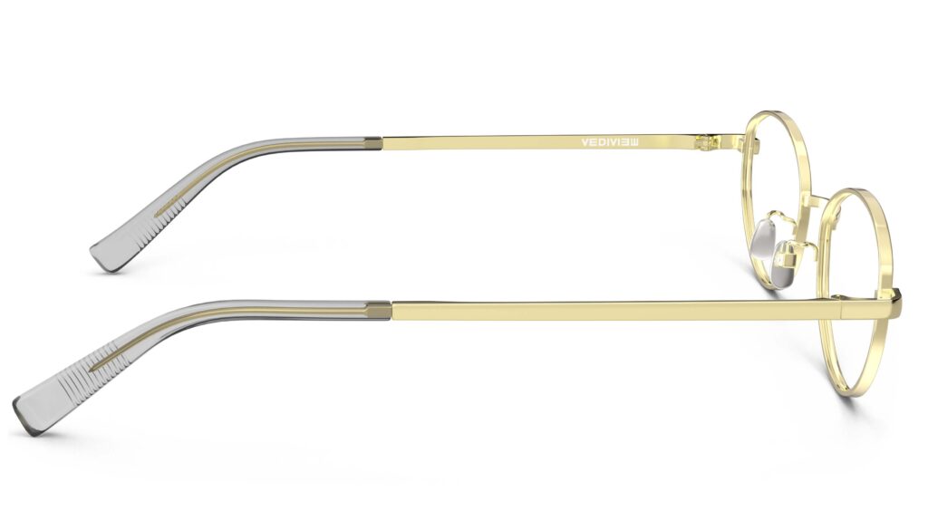 Side view of Proulx gold oval eyeglasses from Vediview