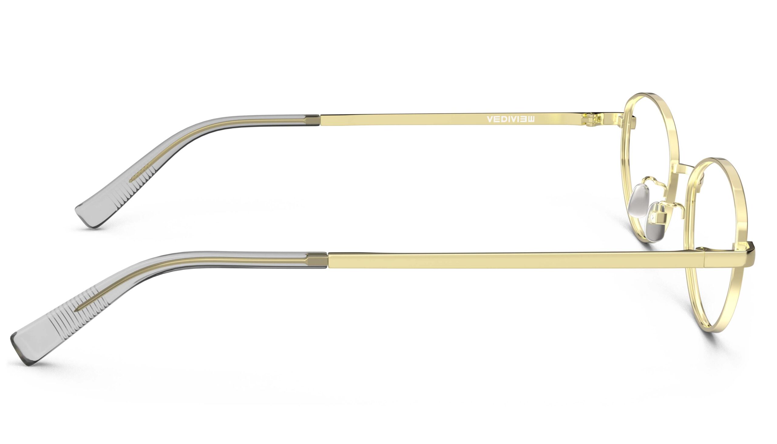 Side view of Proulx gold oval eyeglasses from Vediview