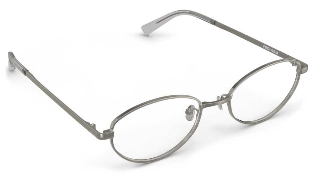 Angled view of Proulx gun oval eyeglasses from Vediview