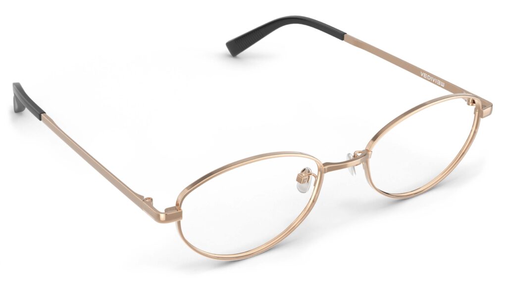 Angled view of Proulx rose gold oval eyeglasses from Vediview