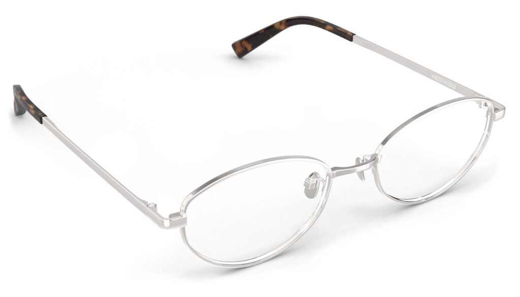 Angled view of Proulx silver oval eyeglasses from Vediview