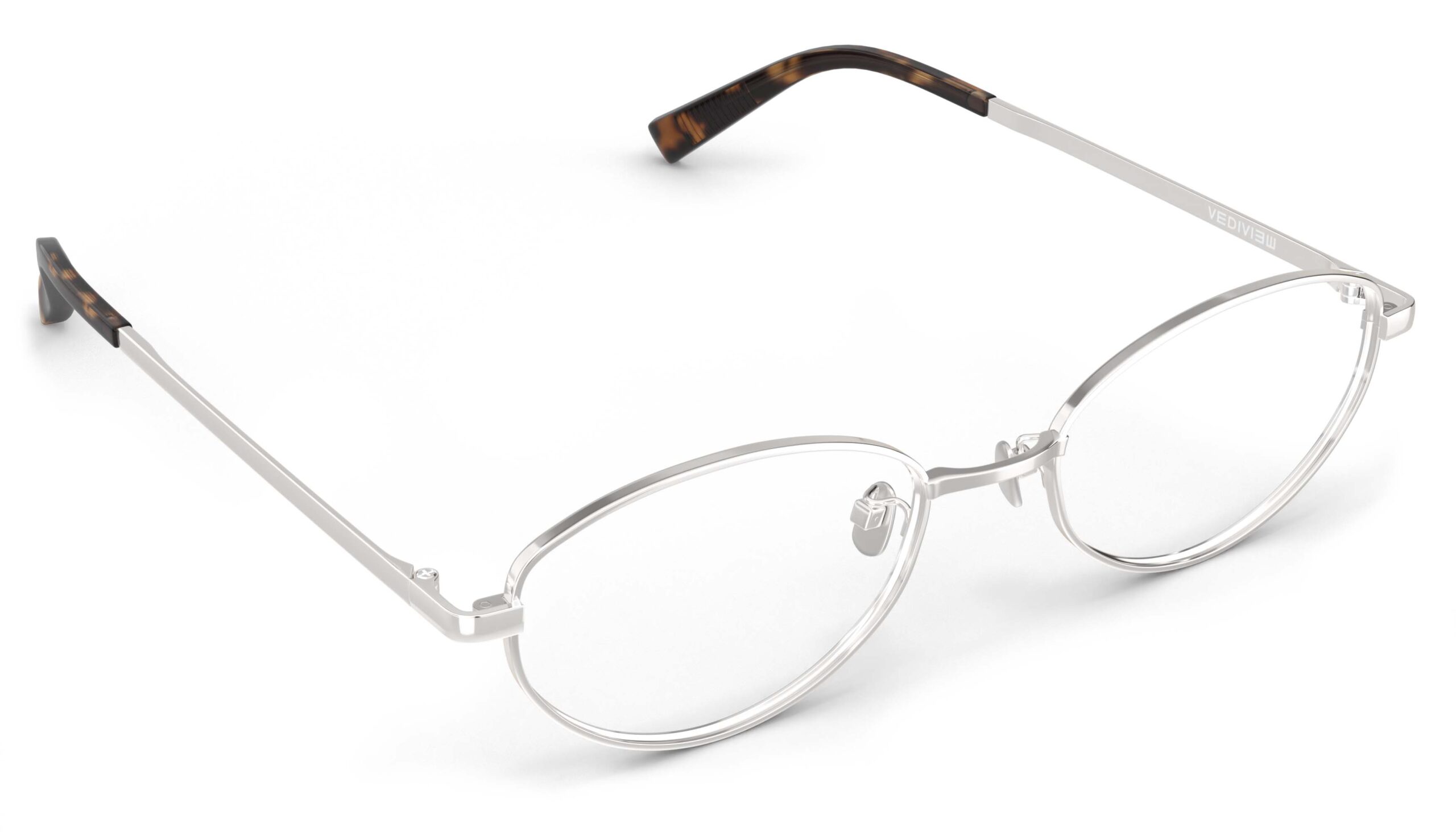 Angled view of Proulx silver oval eyeglasses from Vediview
