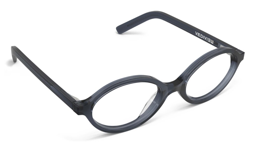 Angled view of Vaughan blue grey oval eyeglasses from Vediview
