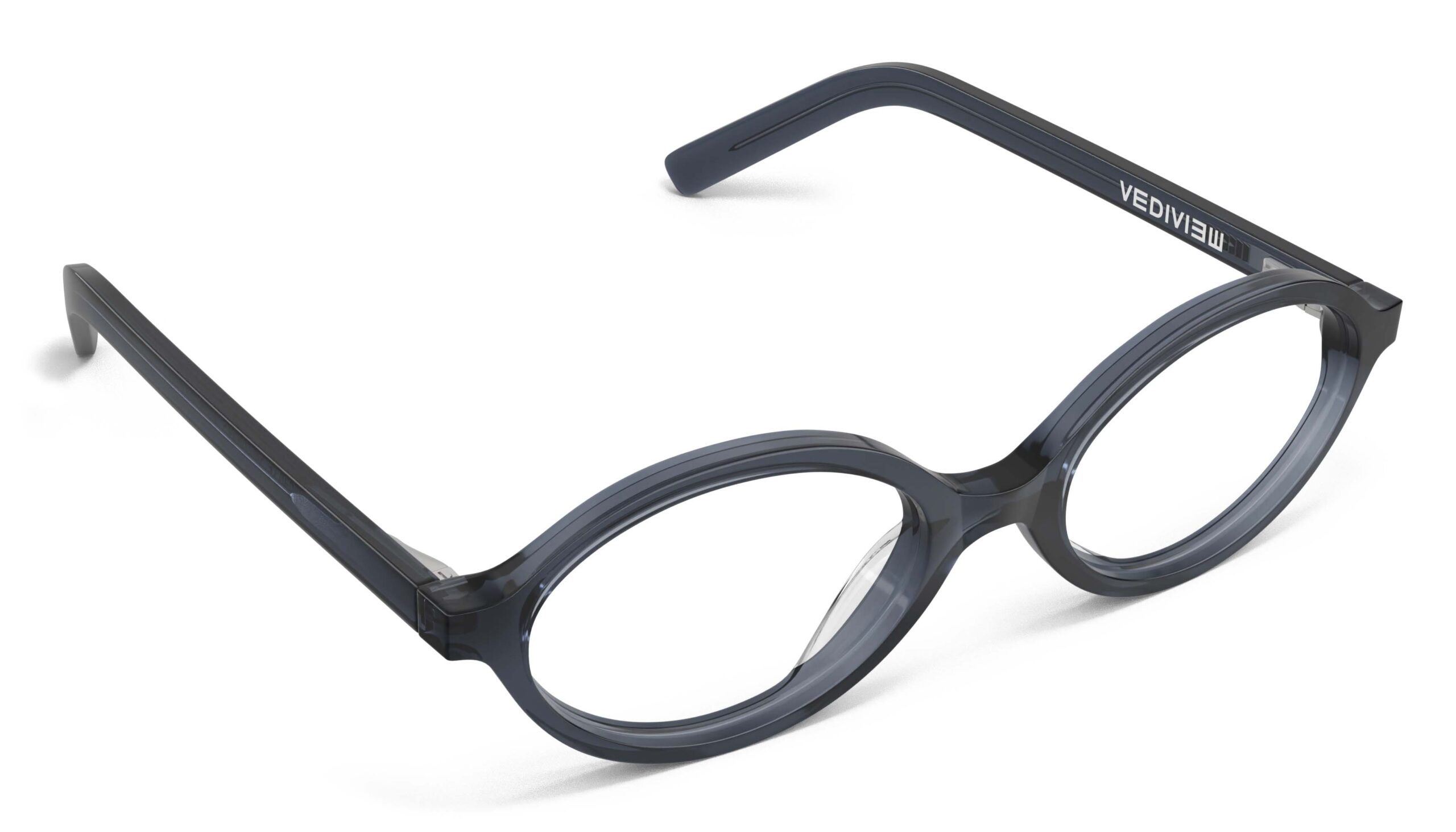 Angled view of Vaughan blue grey oval eyeglasses from Vediview