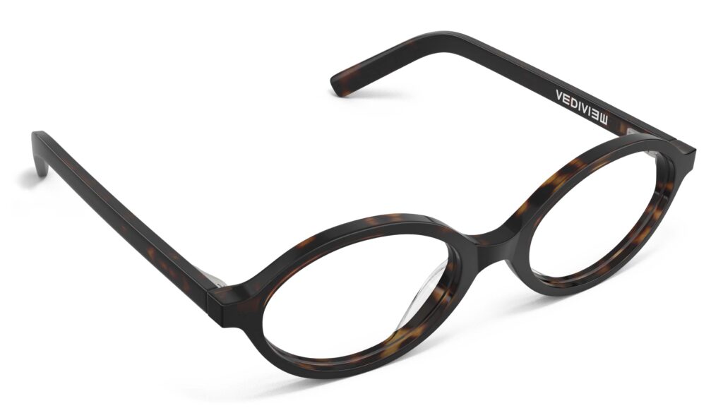 Angled view of Vaughan tortoise oval eyeglasses from Vediview