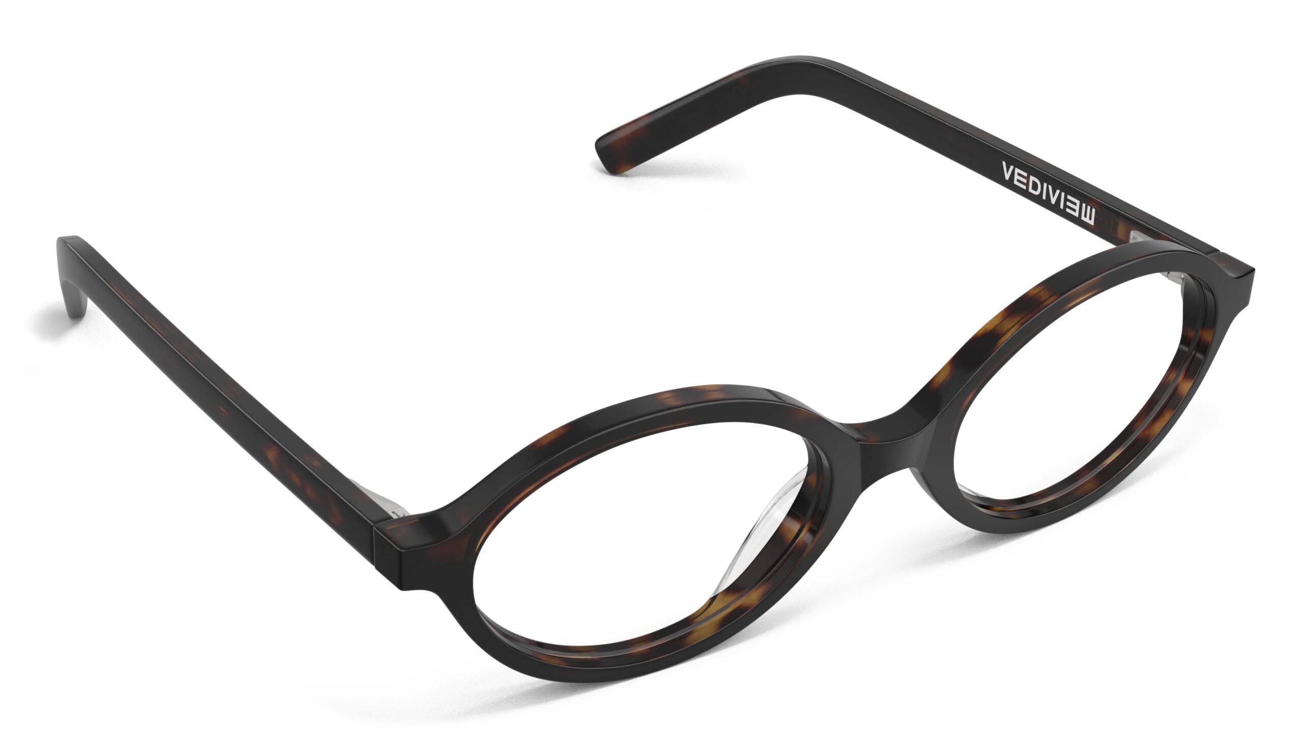 Angled view of Vaughan tortoise oval eyeglasses from Vediview