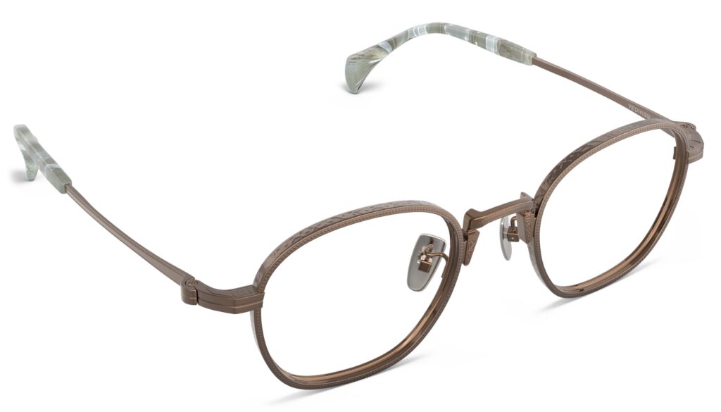 Angled view of Nico bronze round eyeglasses from Vediview