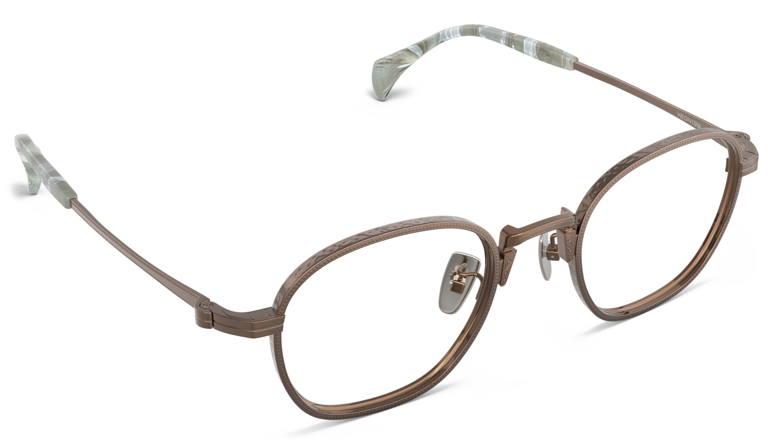 Angled view of Nico bronze round eyeglasses from Vediview