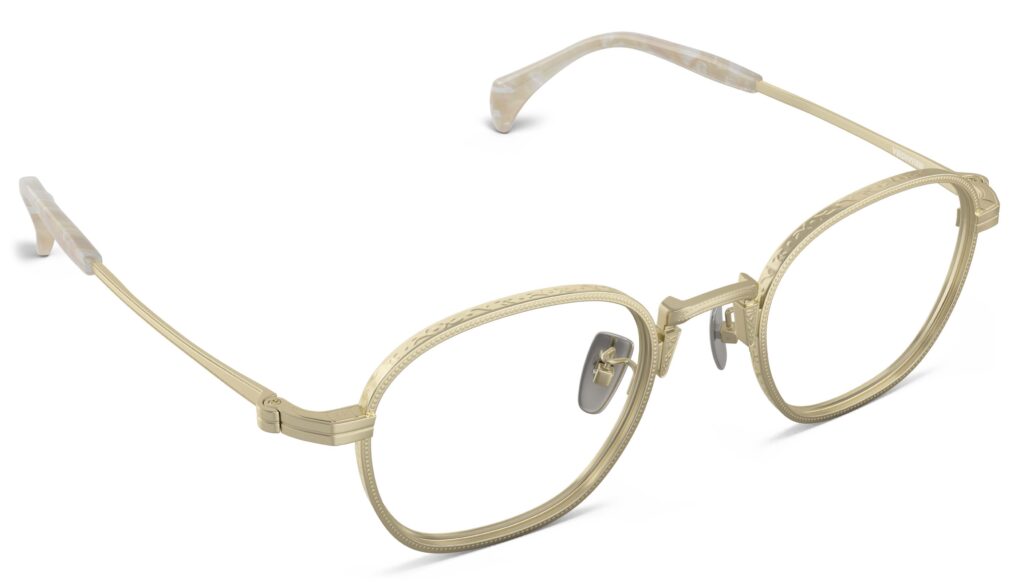 Angled view of Nico gold round eyeglasses from Vediview
