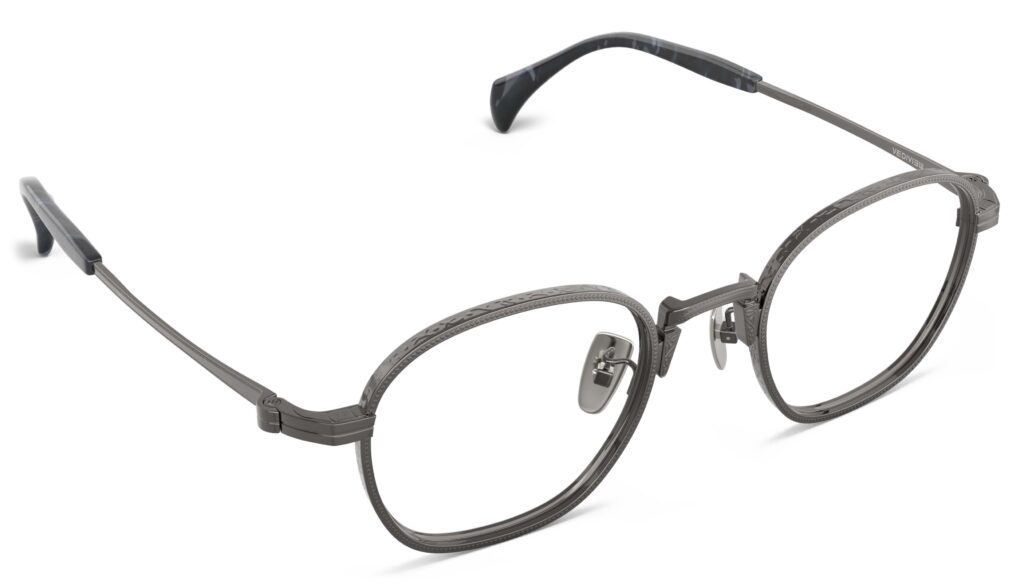 Angled view of Nico gun round eyeglasses from Vediview