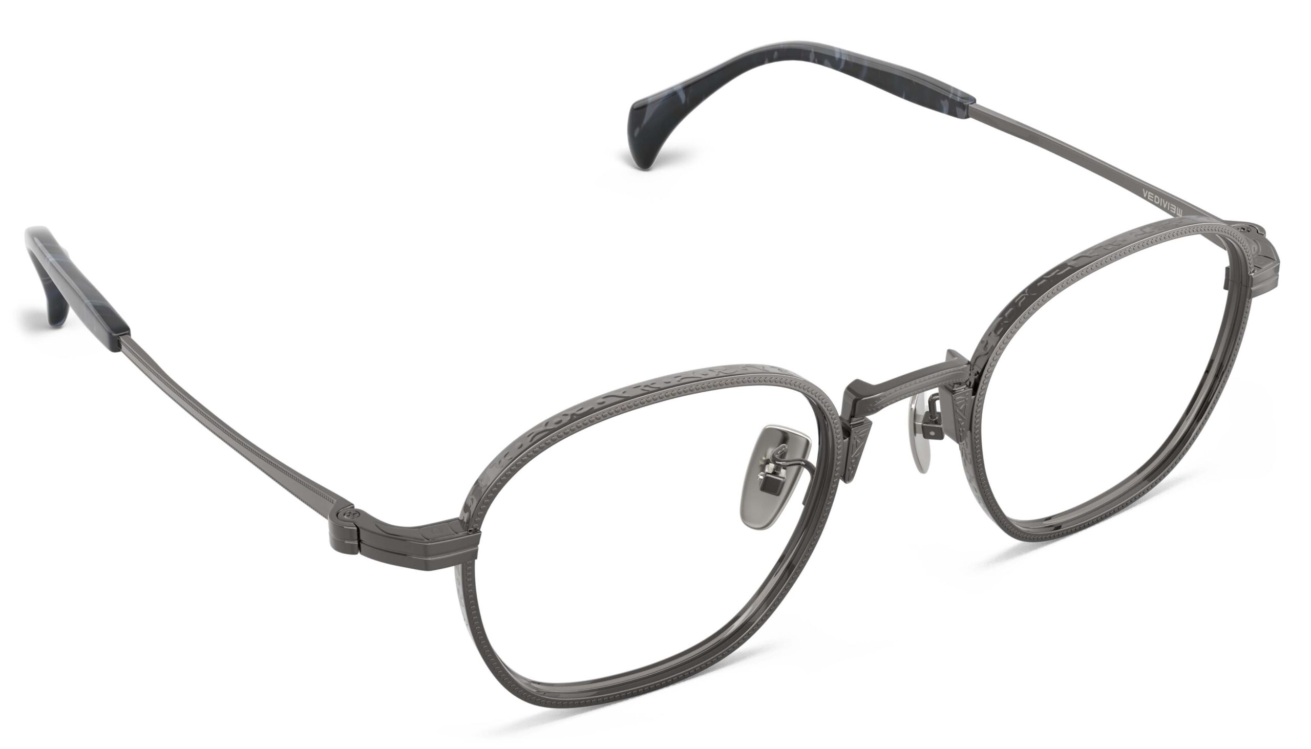 Angled view of Nico gun round eyeglasses from Vediview