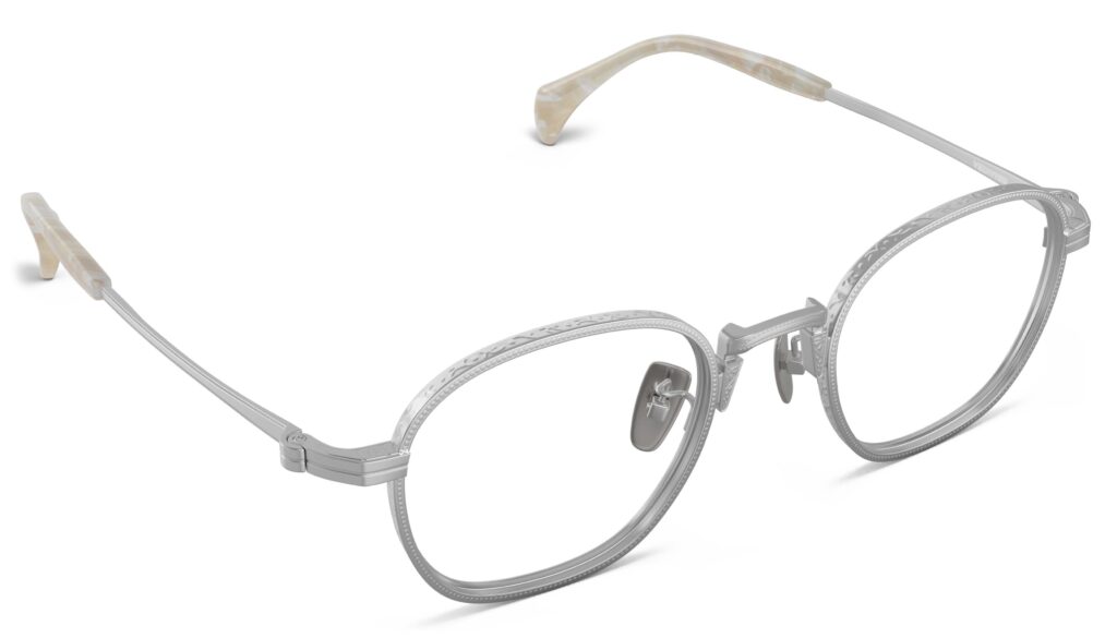 Angled view of Nico silver round eyeglasses from Vediview
