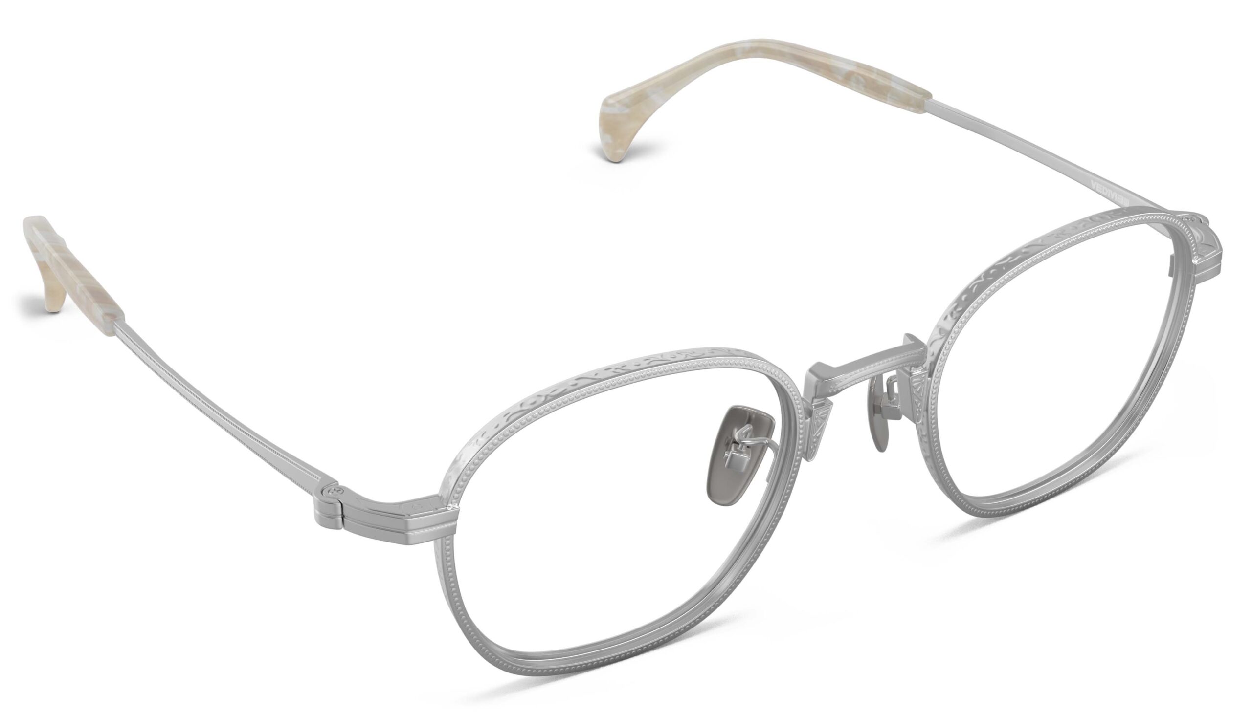 Angled view of Nico silver round eyeglasses from Vediview
